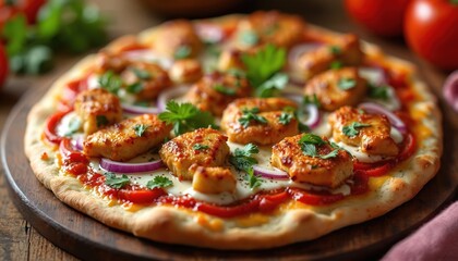 Close-up photo shows a delicious tandoori chicken naan pizza topped with red onion slices and fresh cilantro. This appetizing dish is presented on a wooden board ready for serving.