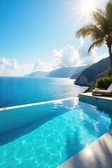Obraz premium Sun-drenched infinity pool overlooking a breathtaking ocean vista Perfect for a luxurious escape and ultimate relaxation Ideal for travel brochures and website banners , serenity, retreat