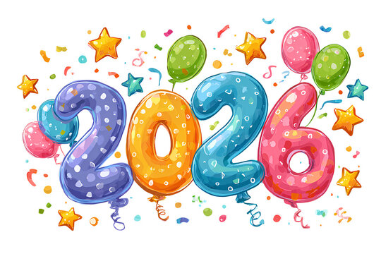 Cartoon style 2026 balloon text with bright festive background, isolated on transparent background.