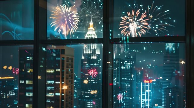 Fireworks illuminate the night sky over a city skyline. Bright colors burst above tall buildings, creating a festive atmosphere. - Powered by Adobe