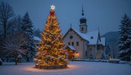 Christmas Eve Serenity: Illuminated Christmas tree stands majestically before a snow-covered church, painting a scene of holiday peace and charm, and a tranquil winter evening.
