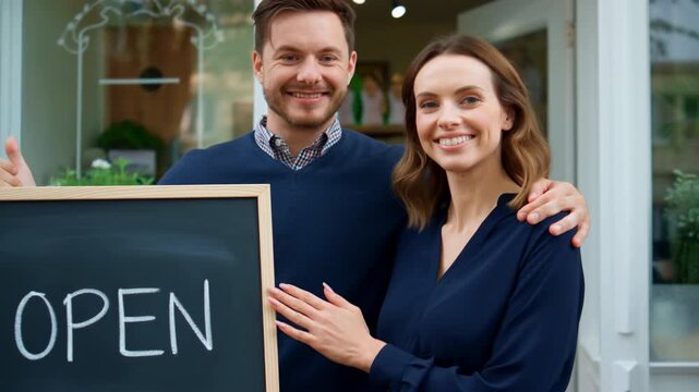 cheerful couple standing arm in arm beside storefront artfully decorated with plants and chalkboard - Powered by Adobe