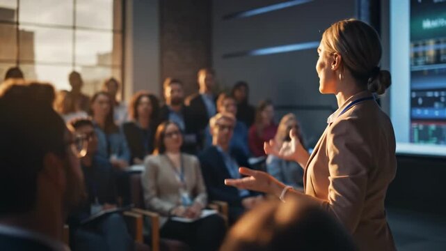 A confident woman presents to a crowded audience in a sleek, illuminated conference room, focused!!
