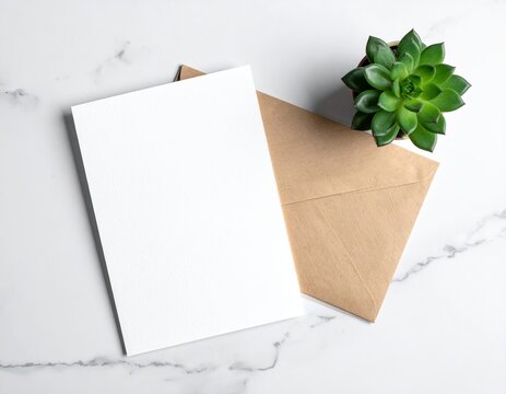 Card, envelope, succulent on marble. Flat lay, minimal
