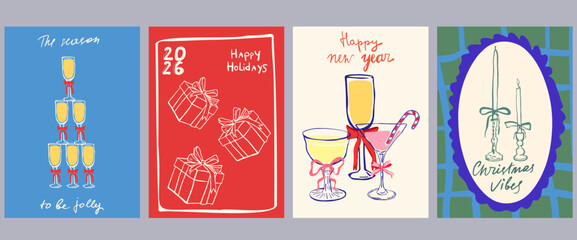 Set of Christmas greeting cards and party invitations in hand drawn vintage style, gifts, la dolce vita,  Christmas tree, candles, bows and champagne in pink, red, green and blue colors, 