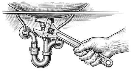 A plumber's hands with a wrench against a background of repaired sink pipes, engraving sketch, black and white, vector illustration, woodcut style.