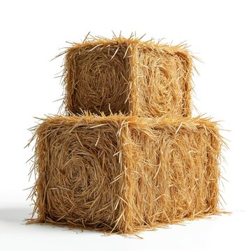 Two square straw bales stack on clean white background. Golden hay briquettes dry, pressed, textured farm material. Farmers use for animal feed, bedding, garden decor. Important fall harvest,