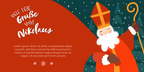 Lovely drawn Nikolaus character, text in german  "Many Greetings from St. Nicholas" - great for invitations, banners, wallpapers, cards