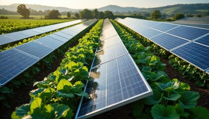 Green crops grow under solar panels on farm. Innovative agrivoltaic system merges renewable energy generation with food production. Maximizes land use, supports sustainable agriculture, shows modern