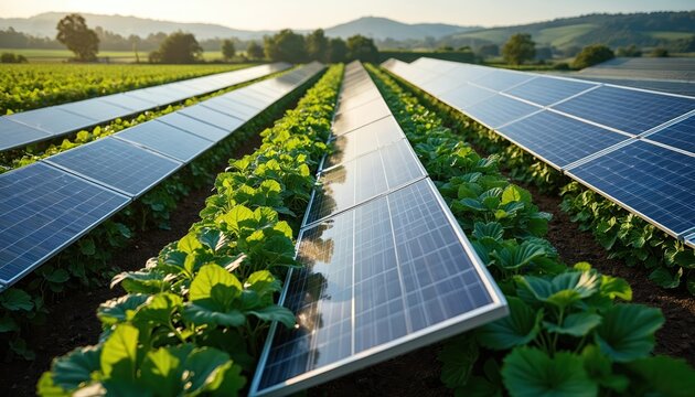 Green crops grow under solar panels on farm. Innovative agrivoltaic system merges renewable energy generation with food production. Maximizes land use, supports sustainable agriculture, shows modern