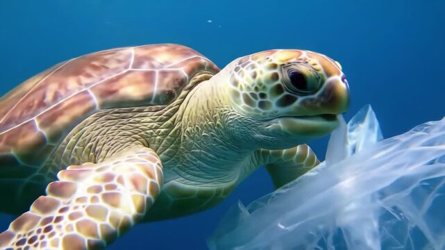 A sea turtle floats in blue water next to a clear plastic bag