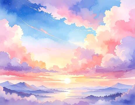 Dreamy pastel watercolor view of clouds, mountains, and sun