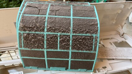 Close-up of a heavily dust-covered air conditioner filter with turquoise frame showing accumulated...