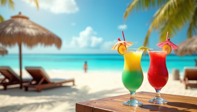 Exotic cocktails stand on table. Turquoise ocean view with sunbeds and palm trees. Beach vacation in tropical paradise with drinks, sunshine, blue sea and white sand resort. - Powered by Adobe