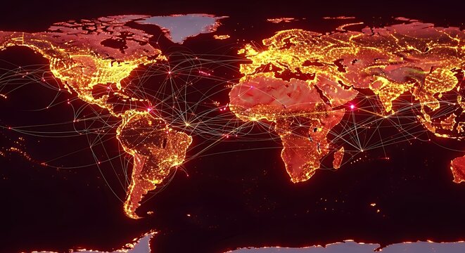 Global Connectivity - A World Map Illuminated by City Lights.