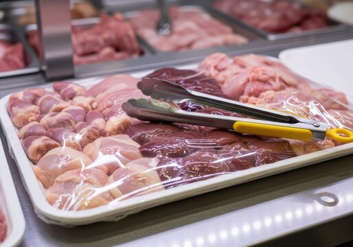 Tray of raw meat offal. Fresh raw meat displayed on a tray with tongs in a butcher shop