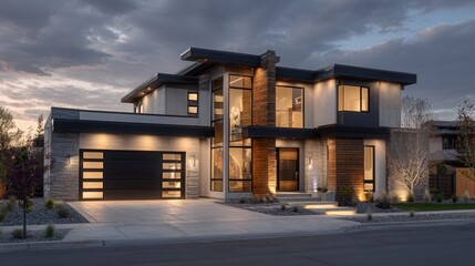 Contemporary home with sleek architecture and large windows, symbolizing modern design, real estate, and urban living, realistic textures, warm natural lighting, cinematic composition