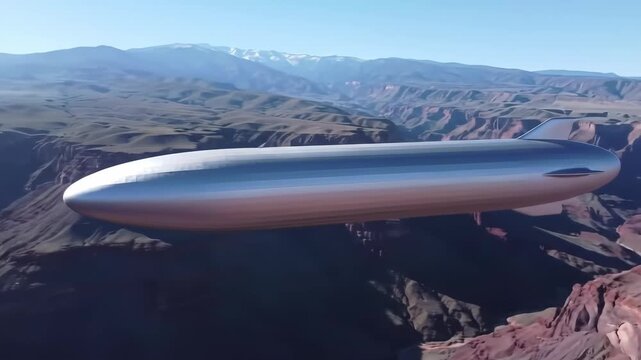 A chrome zeppelin flies over a vast canyon with mountains in the background under a clear blue sky