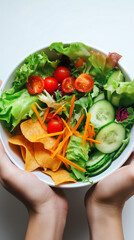 Fresh vegetable salad with chips held in two hands against white background.
