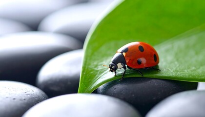Red ladybug sits on bright green leaf against a background of smooth, gray, piled stones