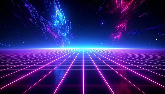 Retro neon grid stretching towards a glowing horizon under a sky with pink and blue nebula-like clouds