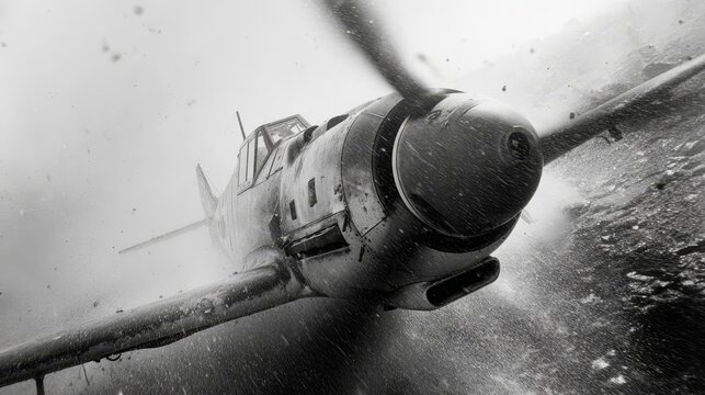 Black and white photograph, stricken Bf-109 with seized engine, propeller windmilling uselessly, white vapor obscuring forward view, gliding descent, emergency situation, vintage aviation photography 
