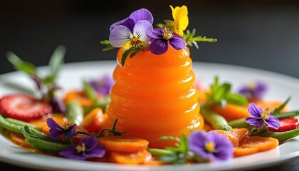 Artistic vegetable tower with edible flowers on white plate. Vibrant orange carrot creation culinary design. Perfect for food blogs restaurant menus, healthy eating campaigns. Sophisticated,