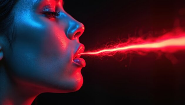 Close up profile shows female person emitting vivid red light beam from open mouth. Face striking neon blue, red illumination. Dark background creates dramatic sci fi glow effect, mysterious visual