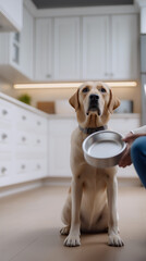 Happy beagle dog running on forest path with two people walking behind.
