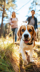 Happy beagle dog running on forest path with two people walking behind.
