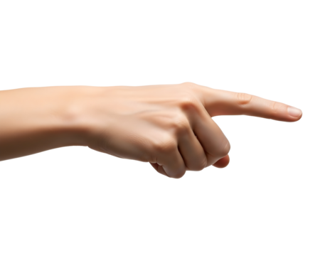 Elegant female hand pointing forward with precision, indicating direction or making a choice, perfect for presentations and marketing.