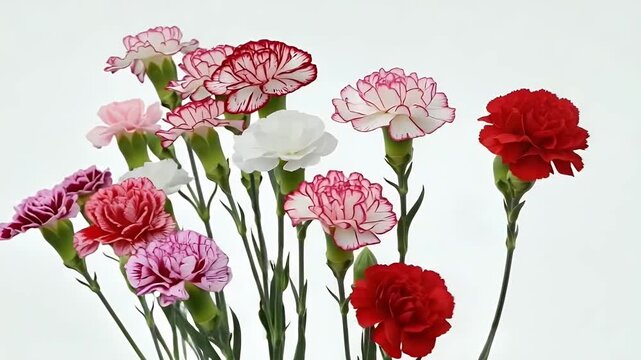 A vibrant display of fresh, blooming carnation flowers fills the frame against a clean, pristine white background. The elegant floral arrangement showcases a beautiful variety of colors, including str