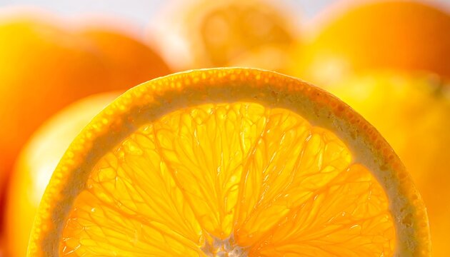 Bright, juicy orange slice, backlit, revealing translucent segments against a soft, blurred background