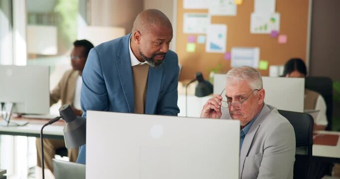 Business men, report and discussion with computer for blog idea, feedback or finance insight in office. Mature people, mentor and copywriter with article, problem solving and brainstorming in startup