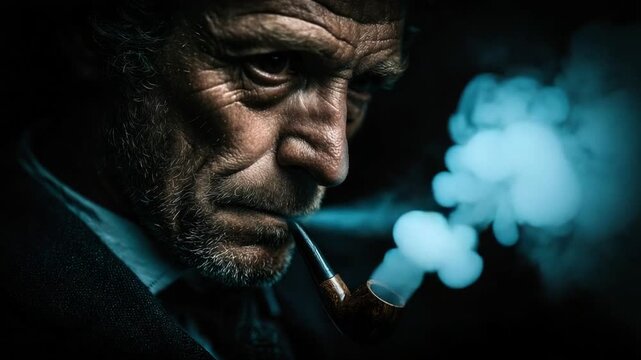 Close-up of an older man smoking a pipe, illuminated and emanating smoke in a dark setting