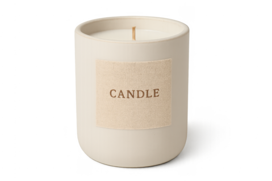 White jar candle with label on transparent background