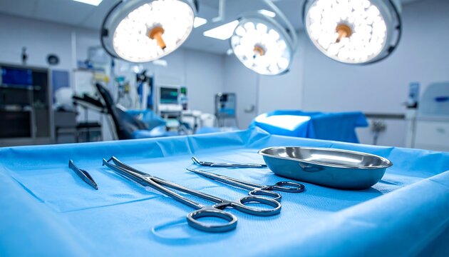 Surgical tools are laid out on blue surgical drapes under bright lights, inside of a sterile operating room - Powered by Adobe
