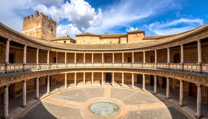 Architectural courtyard high vantage point shows a circular courtyard with pillars & building in background