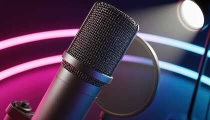Professional studio recording microphone for podcast, music, and broadcast on a modern dark background with vibrant pink and blue neon light for clear audio and voice sound.