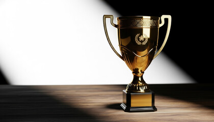 A dazzling golden championship trophy, symbolizing victory and success, glitters brilliantly under the spotlight.