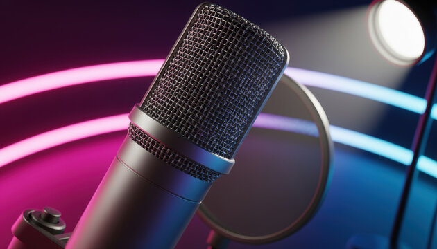 Professional studio recording microphone for podcast, music, and broadcast on a modern dark background with vibrant pink and blue neon light for clear audio and voice sound.