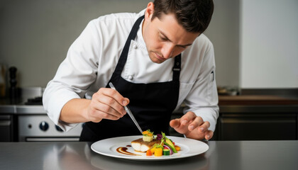 Male chef in a modern restaurant kitchen is concentrating on cooking and food preparation. The professional uses tweezers for a perfect garnish and plating a gourmet fish dish.