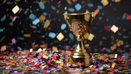 Golden Trophy Surrounded by Colorful Confetti and Bokeh Lights on a Dark Background Celebrating Victory and Achievement