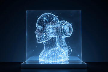 Futuristic digital human head with glowing VR headset, symbolizing virtual reality and artificial intelligence.