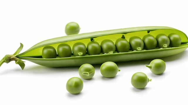 A vibrant green pea pod is elegantly displayed, opened to reveal a neat row of perfectly formed, bright green peas nestled within its velvety interior. Several individual peas are scattered artfully a