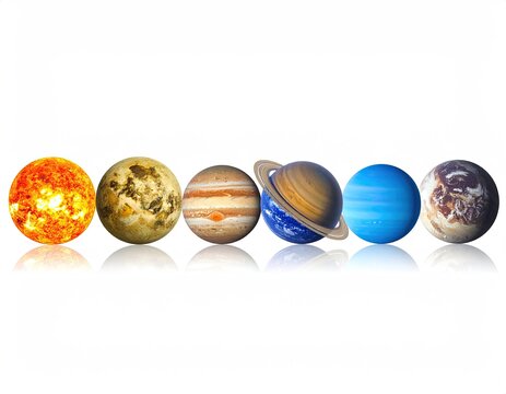 Solar System planets aligned, colorful, glossy, reflective - Powered by Adobe