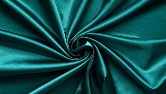 Teal fabric swirled. Light highlights sleek folds in a calming, luxurious, shiny turquoise fabric texture