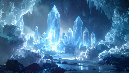 Glistening blue crystals illuminate a cavern, ice formations glow in the dim light, creating an ethereal landscape