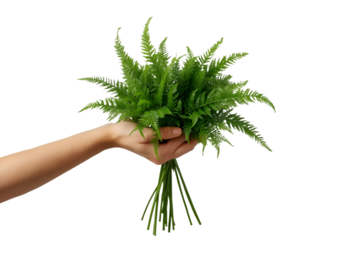 Hand Holding Fresh Bright Green Fern Leaves Against Clean White Background
