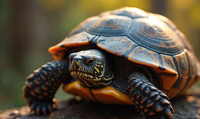 Obraz premium Close up of a small turtle with detailed patterned shell and yellow markings on its face. Reptile walks slowly on a log in soft natural outdoor light. Animal shows its ancient armored carapace.